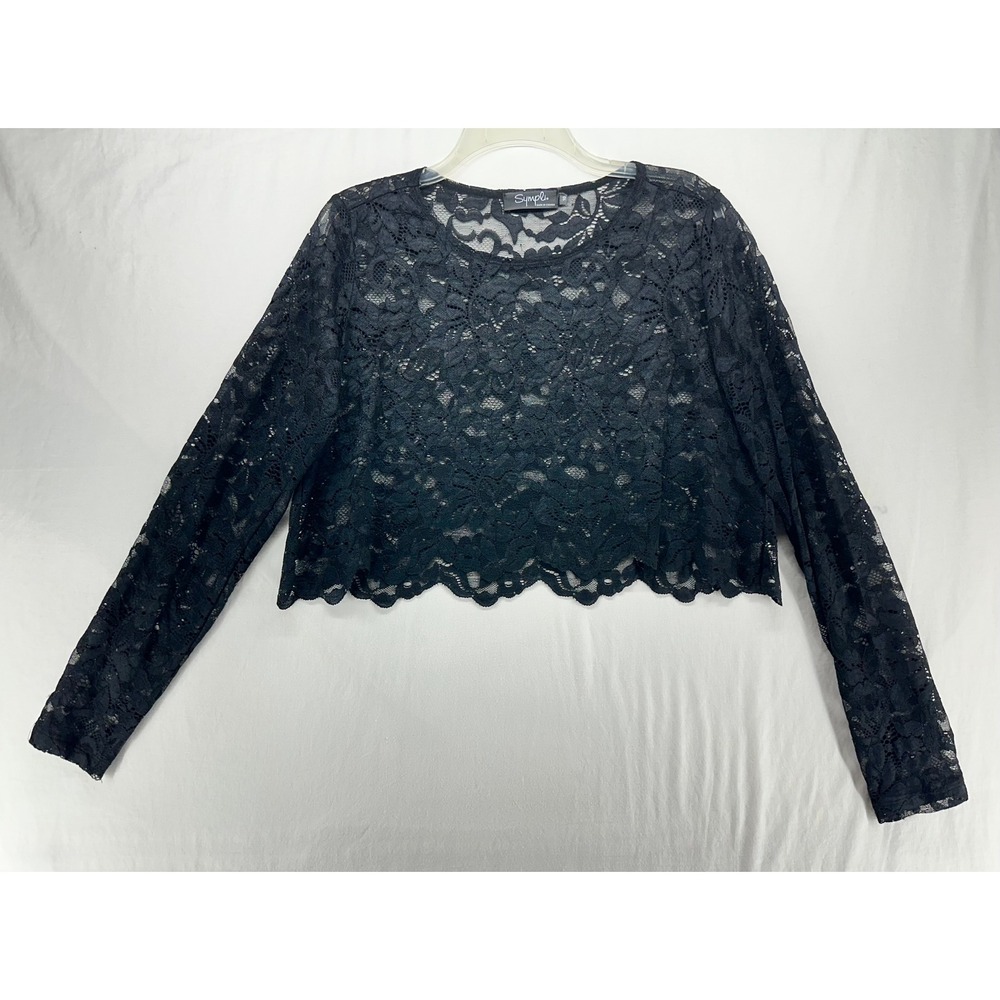 Sympli Black Floral Lace Sheer Crop Top Long Sleeve Scalloped Hem Size 10